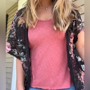 Darker pink tan with black + pink floral coverup